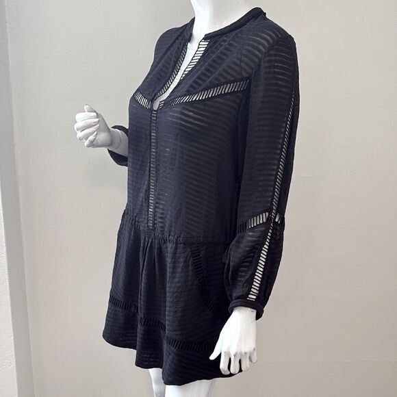 IRO Paris Silk Black Eyelet Long Sleeve Semi Sheer Mini Dress w Drawstring Waist - Picture 3 of 9